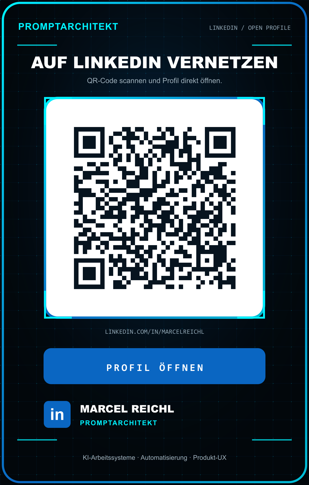LinkedIn-Rückseite mit QR-Code, Profil-Link und Kontaktinformationen von Marcel Reichl